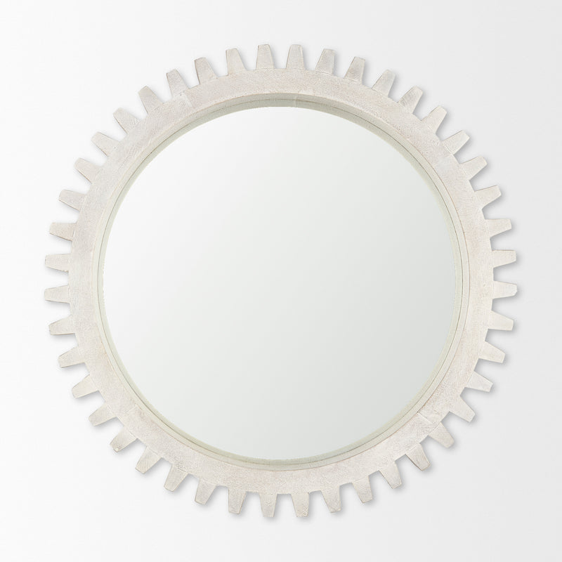 Mercana Sundance Cog 35.5" Round Whitewashed Wood Frame Mirror