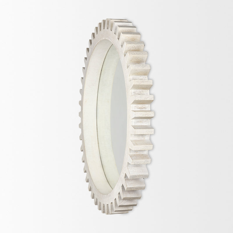 Mercana Sundance Cog 35.5" Round Whitewashed Wood Frame Mirror