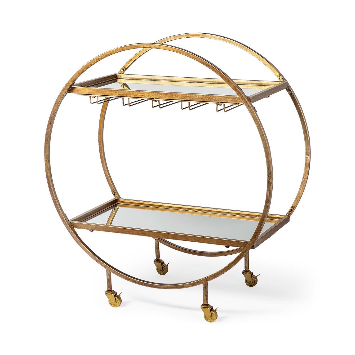 Mercana Carola Gold Frame Two-Tier Glass Shelves w/Stemware Holder Bar Cart