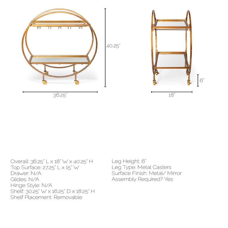 Mercana Carola Gold Frame Two-Tier Glass Shelves w/Stemware Holder Bar Cart