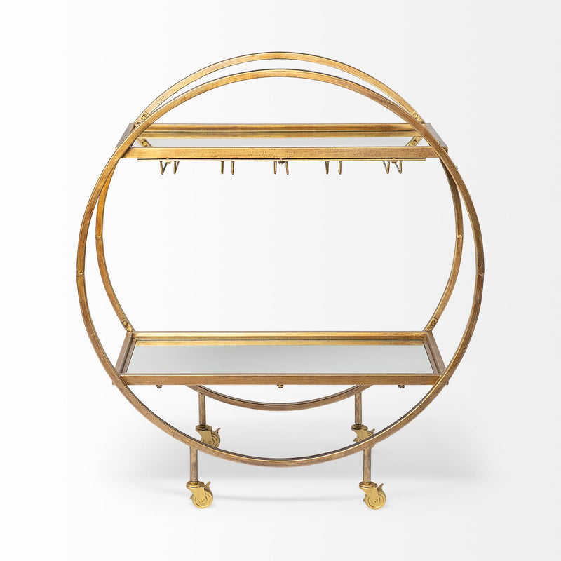 Mercana Carola Gold Frame Two-Tier Glass Shelves w/Stemware Holder Bar Cart