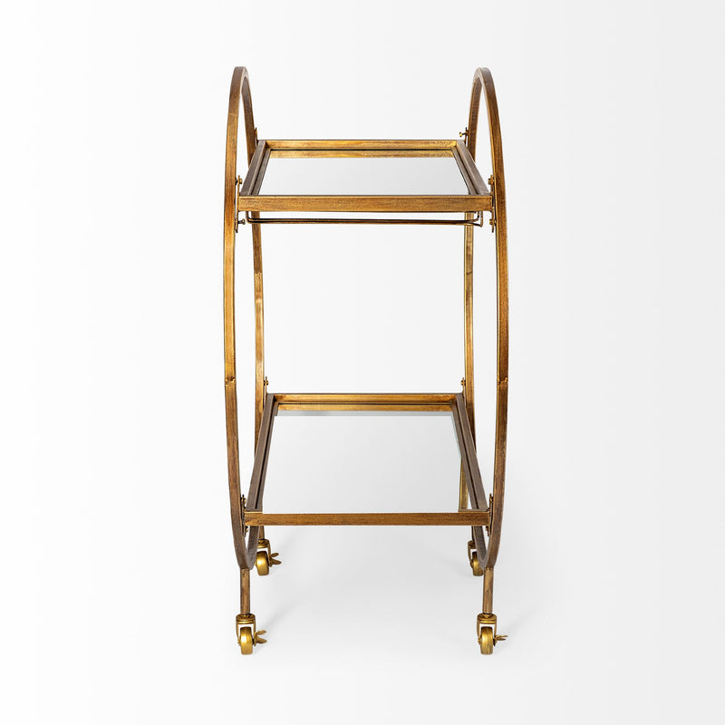 Mercana Carola Gold Frame Two-Tier Glass Shelves w/Stemware Holder Bar Cart