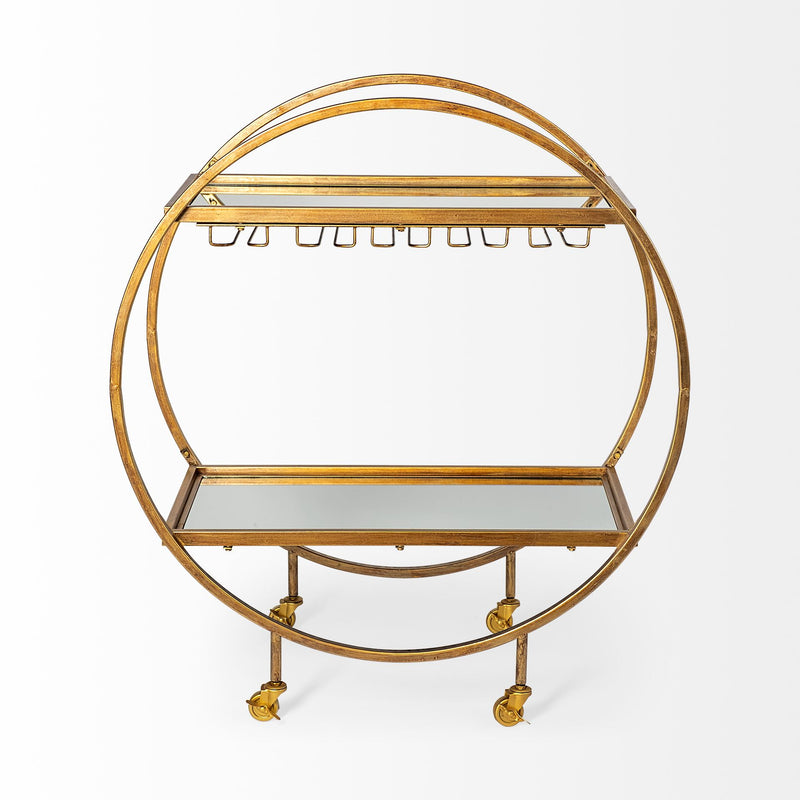 Mercana Carola Gold Frame Two-Tier Glass Shelves w/Stemware Holder Bar Cart