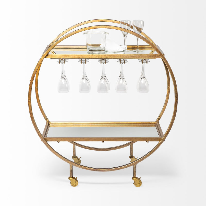 Mercana Carola Gold Frame Two-Tier Glass Shelves w/Stemware Holder Bar Cart