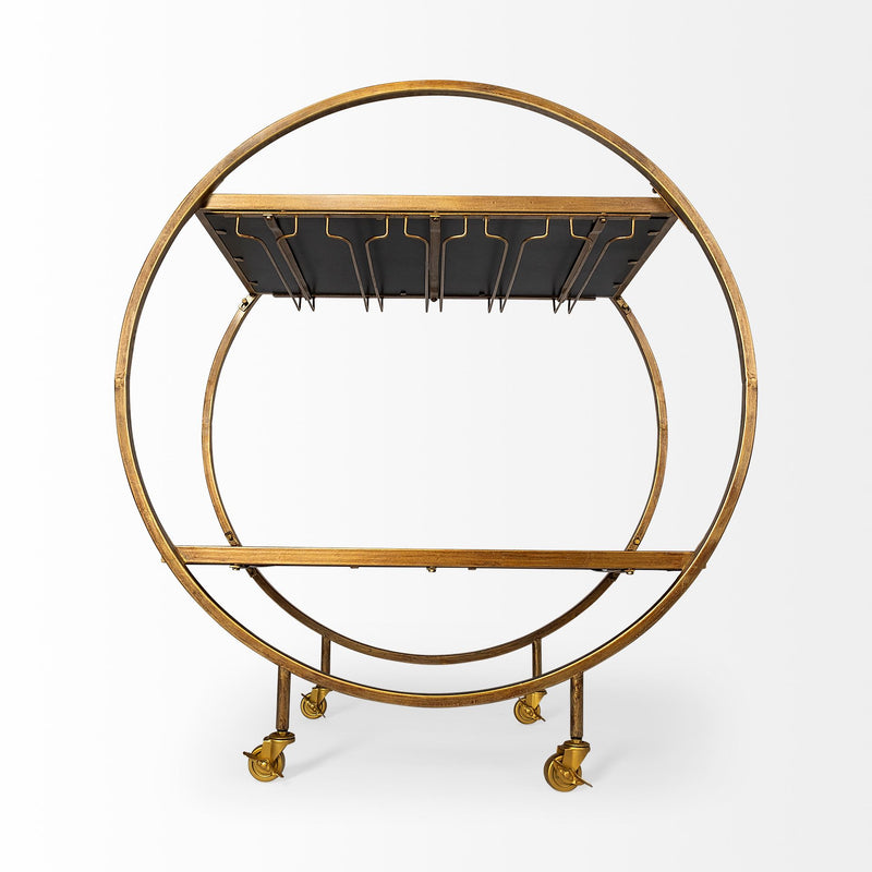 Mercana Carola Gold Frame Two-Tier Glass Shelves w/Stemware Holder Bar Cart