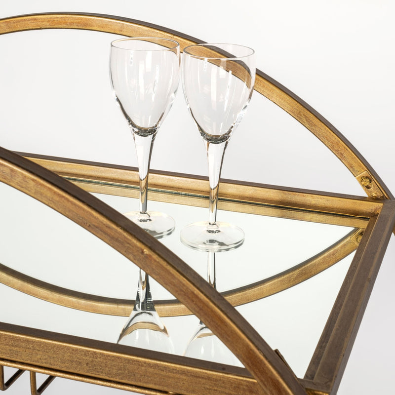 Mercana Carola Gold Frame Two-Tier Glass Shelves w/Stemware Holder Bar Cart