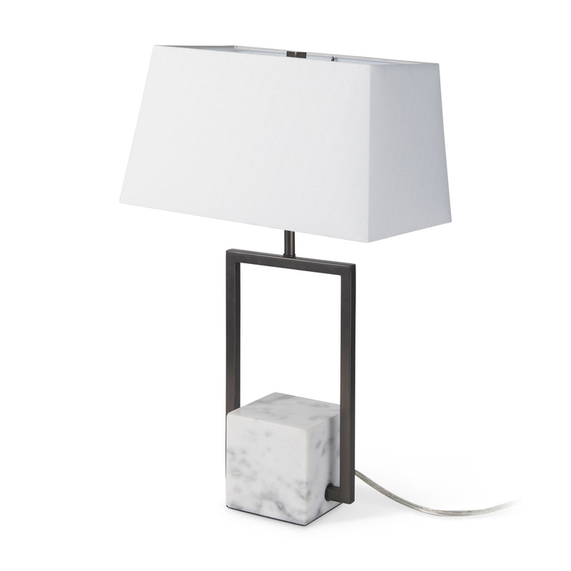 Mercana Peyton 14.0L x 9.0W x 26.2H Black Metal W/Marble Cube and White Shade Table Lamp