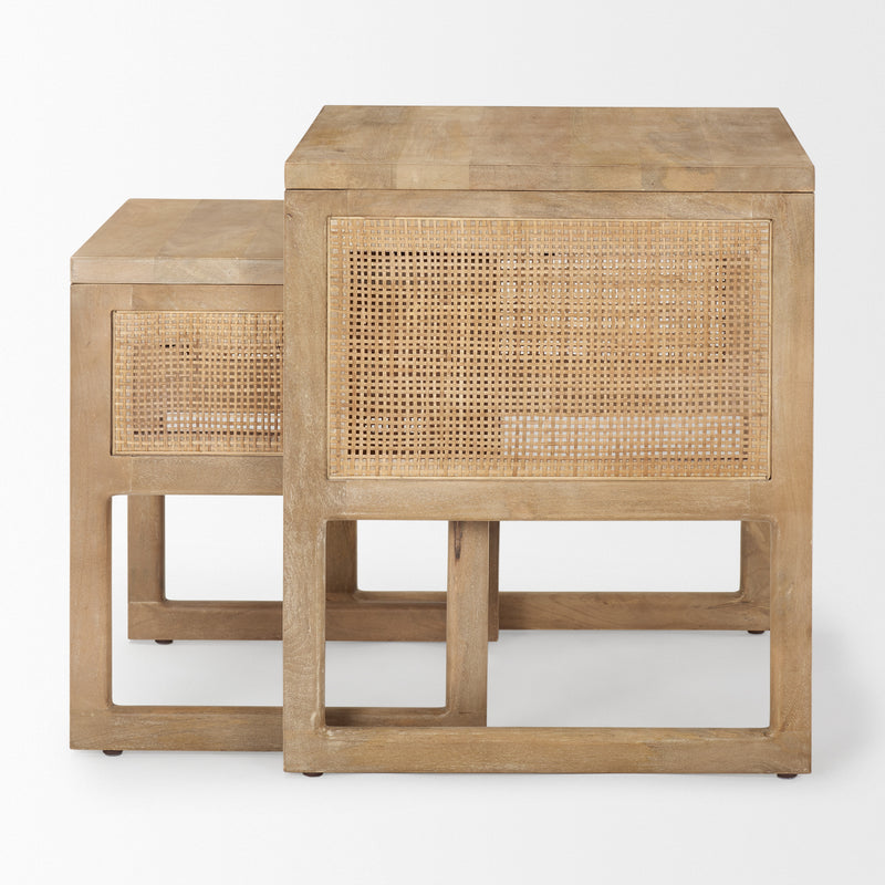 Mercana Grier Set of 2 Light Brown Solid Wood w/ Cane Nesting Accent Tables