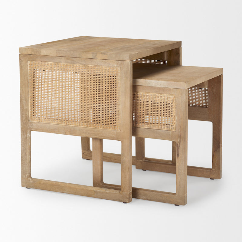 Mercana Grier Set of 2 Light Brown Solid Wood w/ Cane Nesting Accent Tables