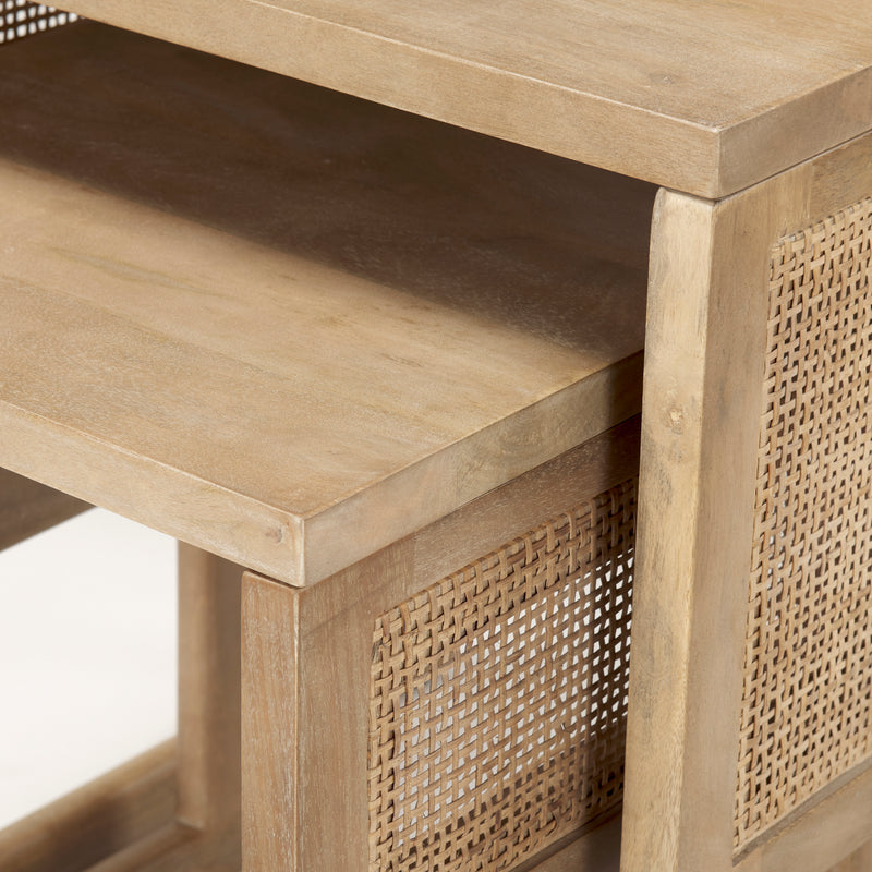 Mercana Grier Set of 2 Light Brown Solid Wood w/ Cane Nesting Accent Tables