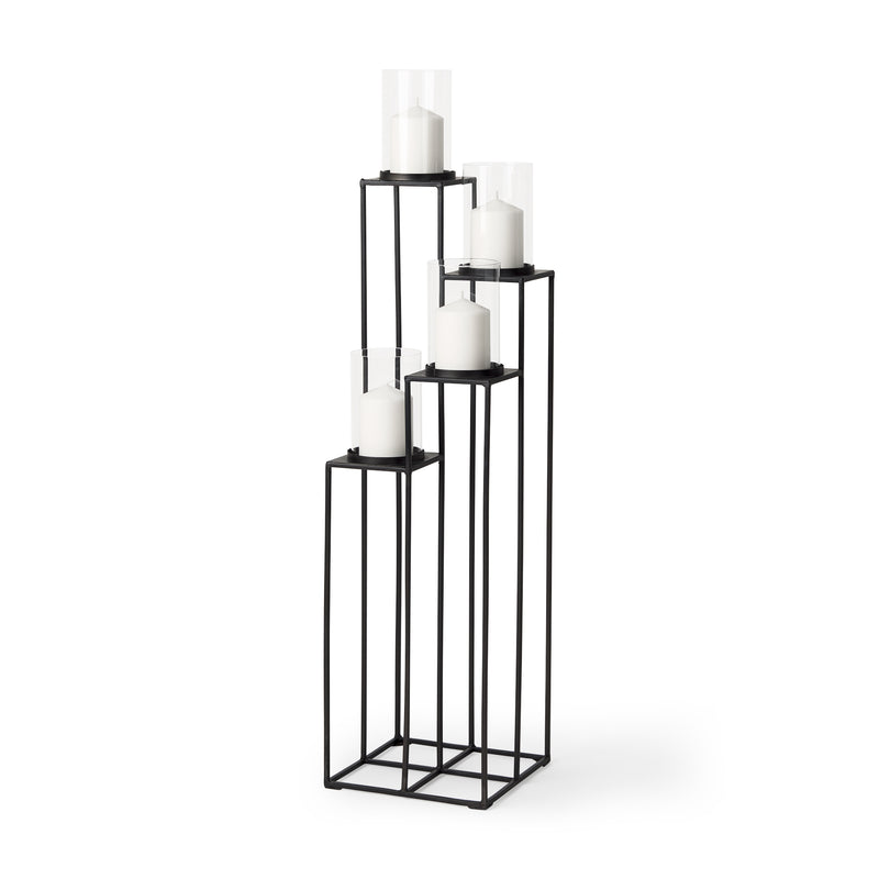 Mercana Cindy 4-Tier, Matte Black Metal w/ Hurricane Glass, Pillar Candle Floor Lantern