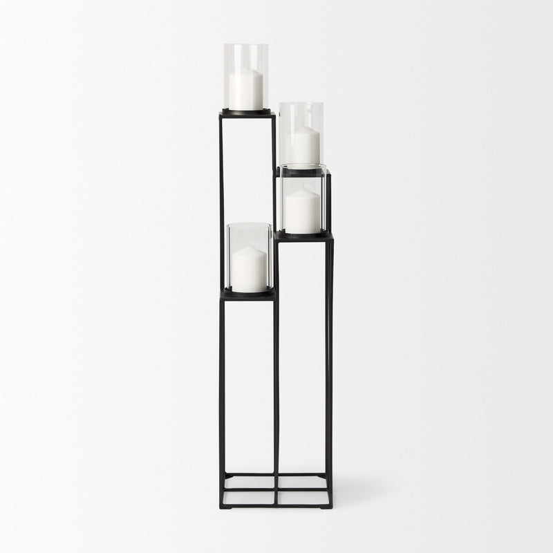 Mercana Cindy 4-Tier, Matte Black Metal w/ Hurricane Glass, Pillar Candle Floor Lantern