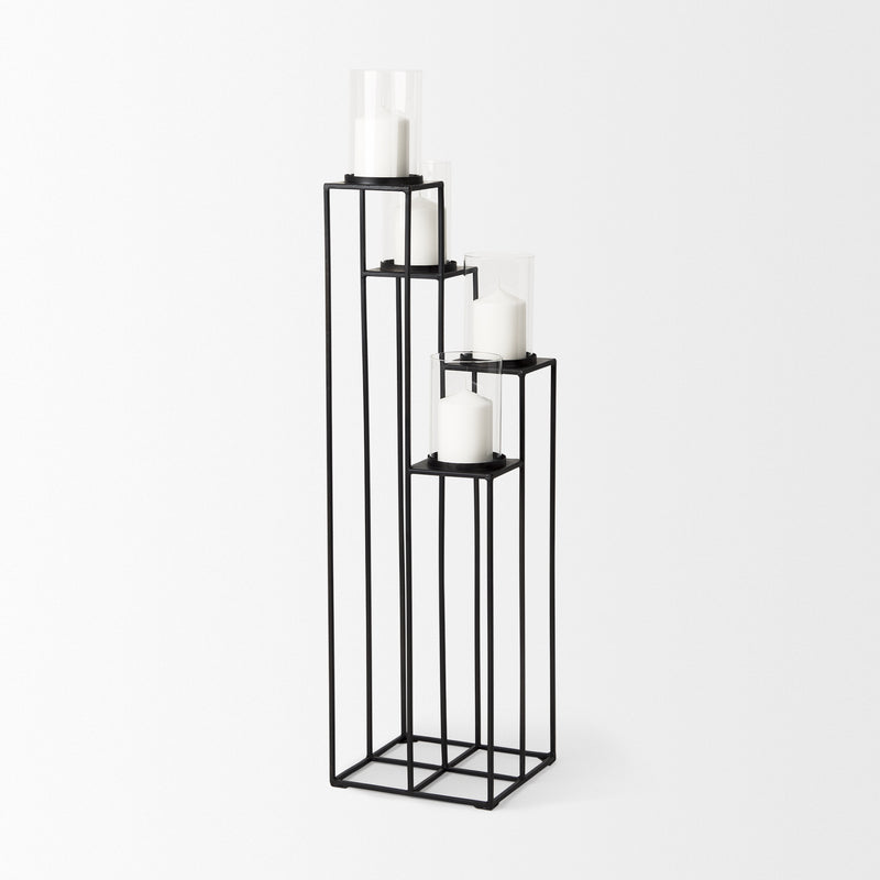 Mercana Cindy 4-Tier, Matte Black Metal w/ Hurricane Glass, Pillar Candle Floor Lantern
