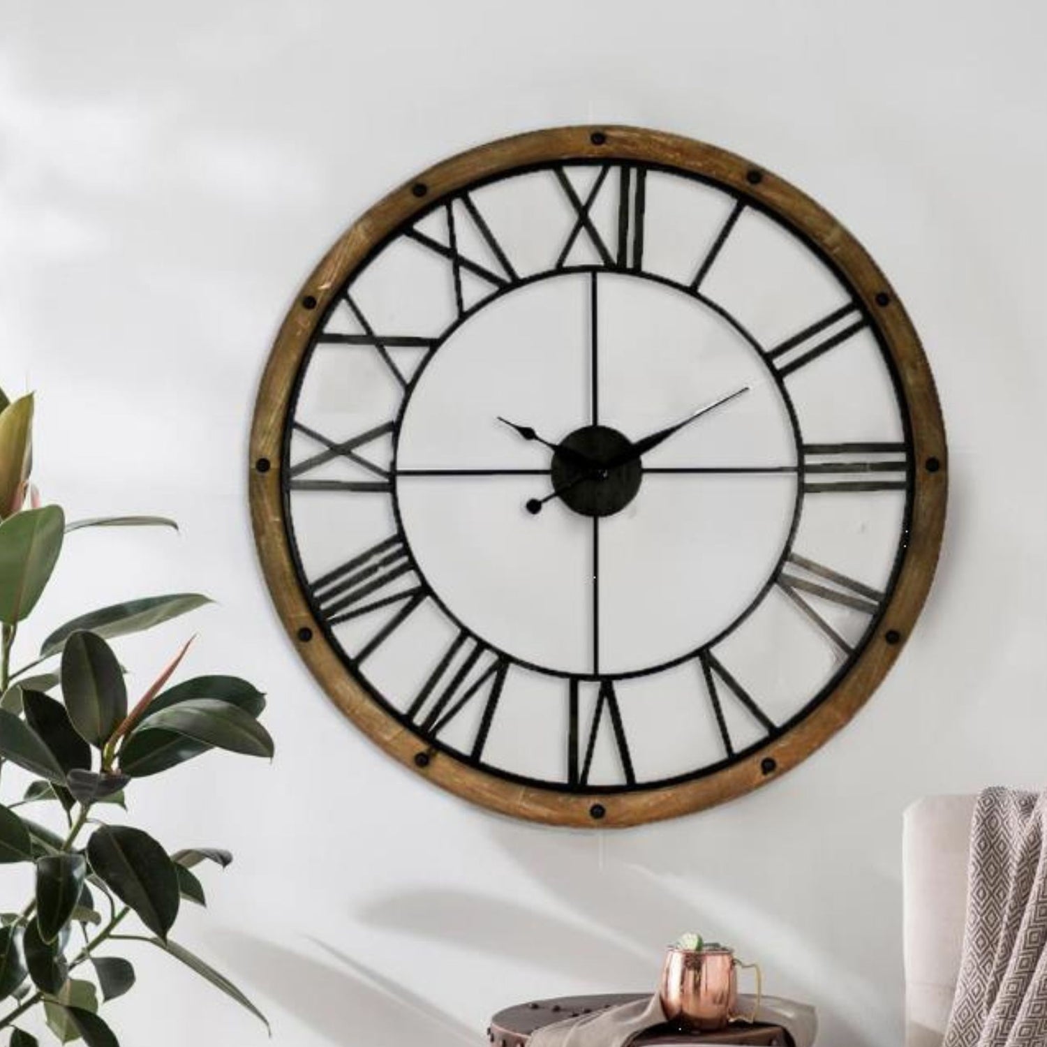 Splash Metal and Wood Farmhouse Wall Clock with roman Numeral numbers