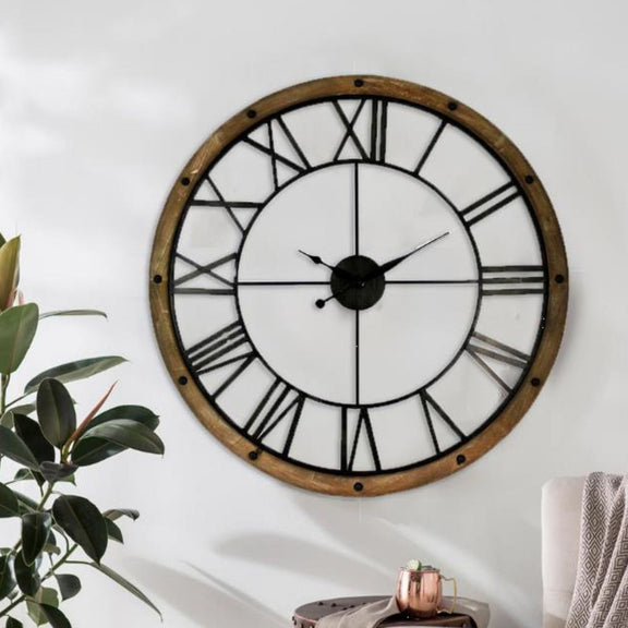 Splash Metal and Wood Farmhouse Wall Clock with roman Numeral numbers
