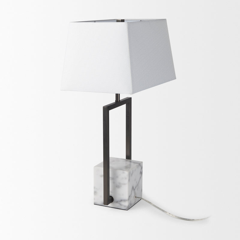 Mercana Peyton 14.0L x 9.0W x 26.2H Black Metal W/Marble Cube and White Shade Table Lamp
