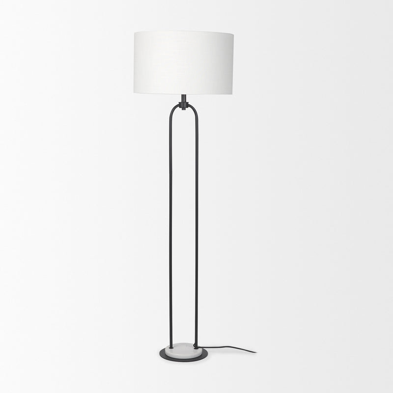 Mercana Sarah 20.0L x 12.0W x 66.3H Arched Black Metal W/Marble Cube and White Shade Floor Lamp